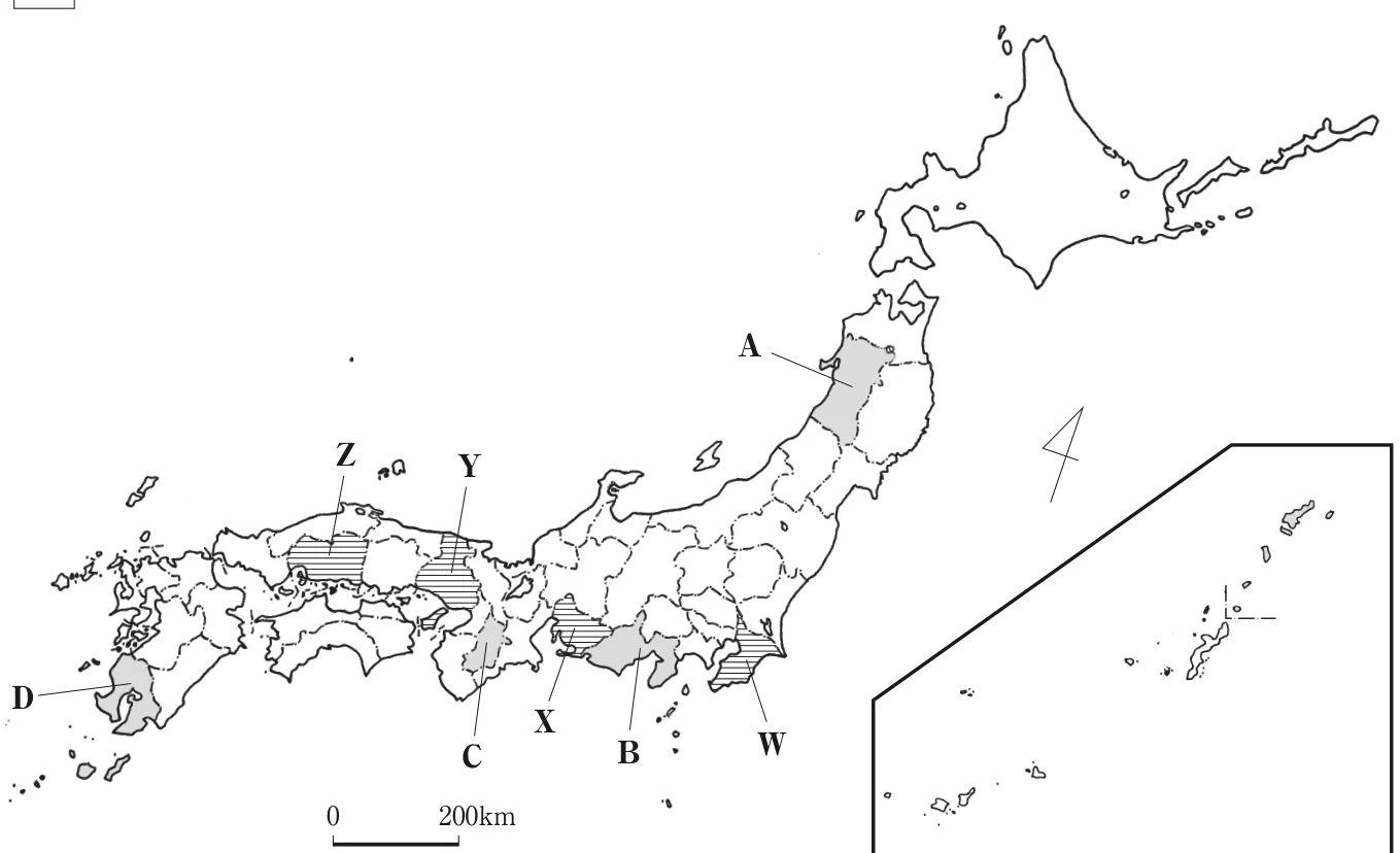 日本の略地図。県A〜D（色つき）と県W〜Zが示されている