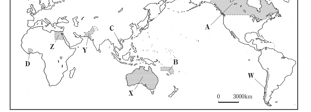 世界の略地図。国A〜Dと国W〜Zの位置が示されている